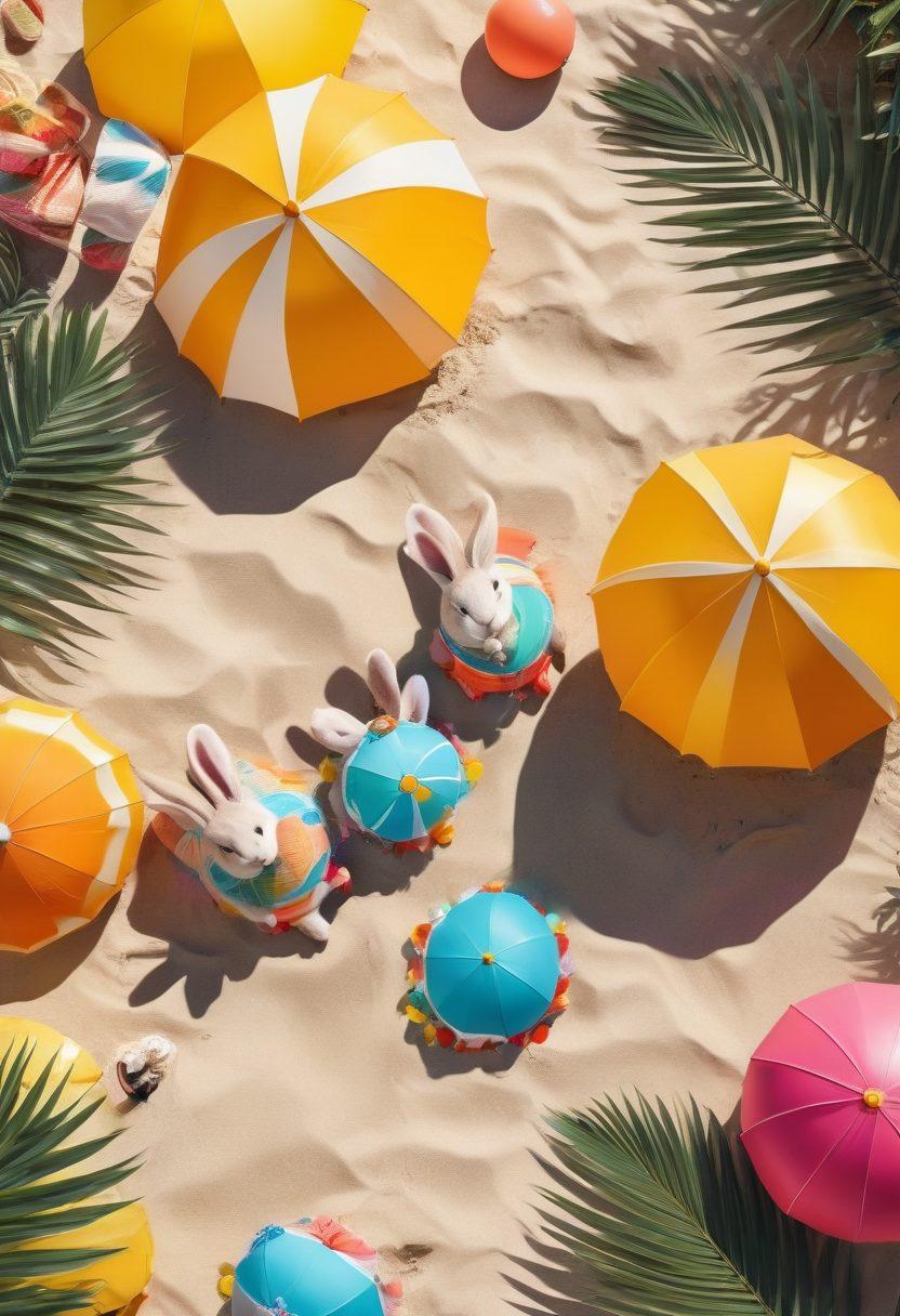 A whimsical scene featuring adorable bunnies lounging in the sun, each sporting different vibrant and trendy bikini styles. The setting includes a sunny beach with colorful beach umbrellas, sandcastles, and beach balls in the background, creating a playful summer vibe. The bunnies should appear cheerful and stylish, showcasing fun patterns and bright colors on their swimsuits. Include tropical plants and sparkling waves to enhance the summer feel. vibrant colors. playful illustration style.