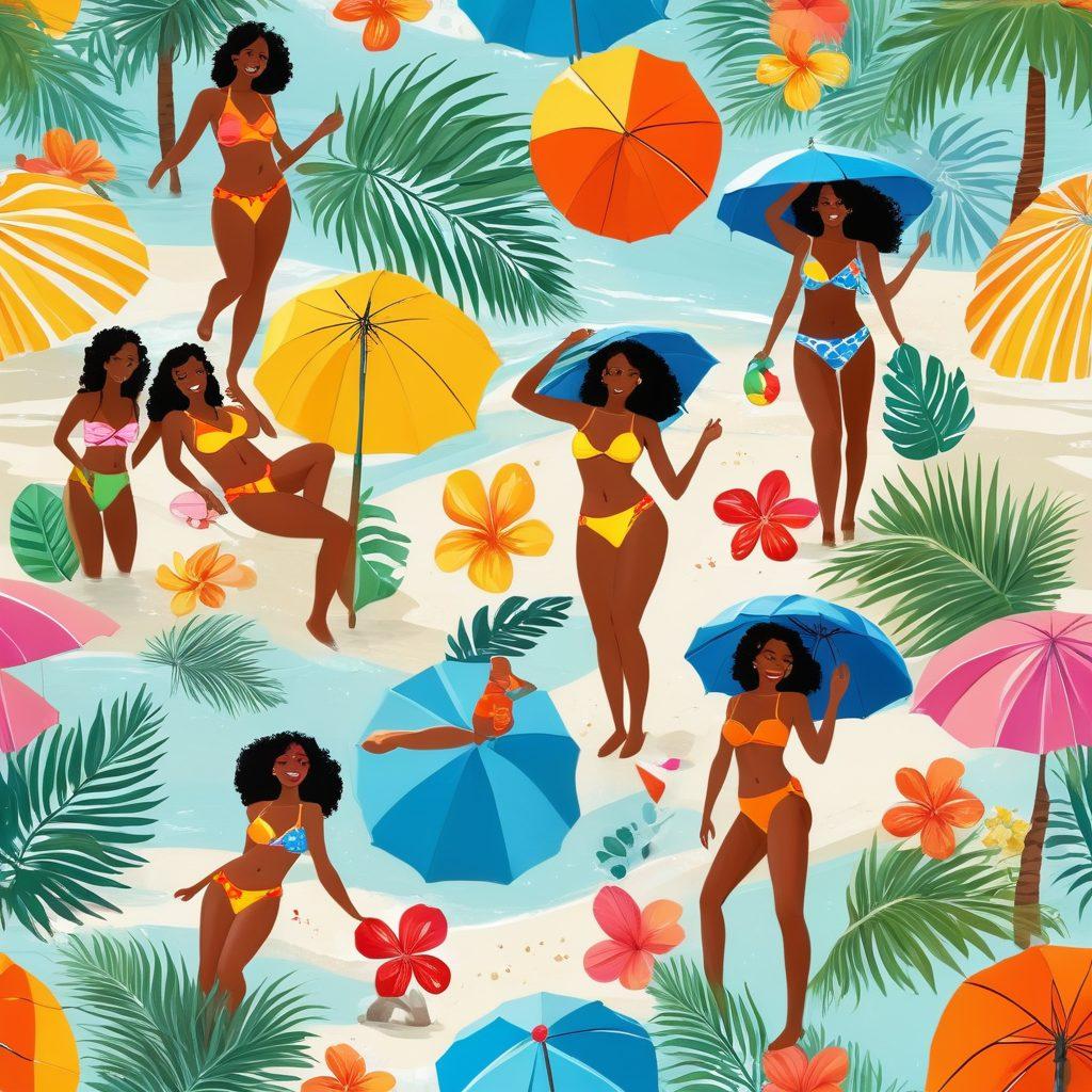 A colorful beach scene featuring a variety of playful swimwear styles, including vibrant swimsuits with bunny motifs and floral patterns. In the foreground, people of diverse body types joyfully enjoying the beach, lounging under umbrellas, and splashing in the water. Bright summer sun and palm trees in the background create a lively atmosphere. Add elements like beach balls and surfboards for extra playfulness. super-realistic. vibrant colors. bright background.