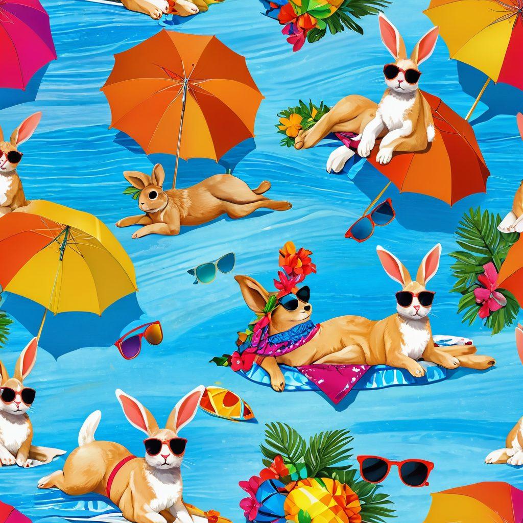 A vibrant beach scene showcasing stylish bunnies wearing a variety of trendy bikinis, lounging under colorful umbrellas, surrounded by bright beach accessories like sunglasses and beach towels. The sun is shining, with a clear blue sky and playful waves crashing in the background. Include a playful atmosphere with beach balls and tropical plants to capture the essence of summer fun. super-realistic. vibrant colors. 3D.